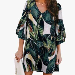 BELONGSCI Summer V-Neck Bell Sleeve Shift Dress